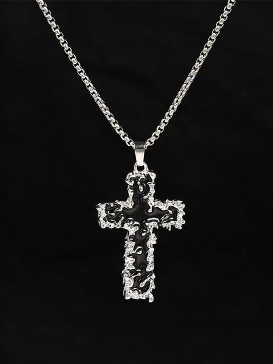 Y2K chrome cross necklace with heart-shaped inverted cross pendant and mirror-finish chains