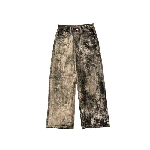 Y2K camouflage cargo pants with glitch-print panels and 90s windbreaker tech straps