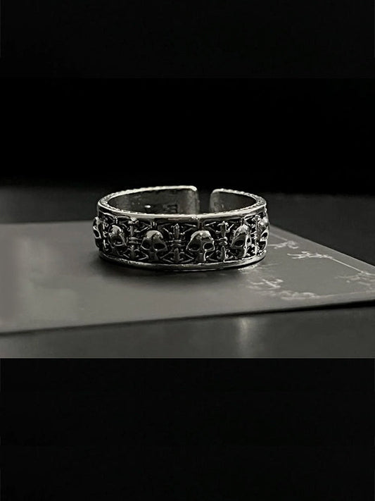 Y2K skull wedding rings with oxidized steel bones and eternal vow engravings