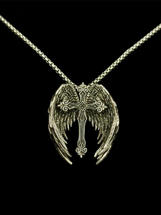 Y2K Jerusalem cross necklace with oxidized steel heart and cross pendant, layered chain details